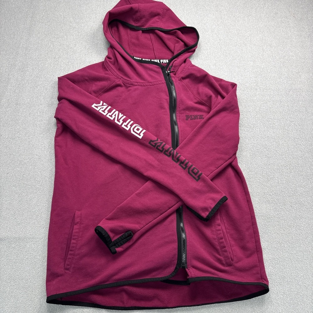 PINK Victoria's Secret‎ Hoodie Womens Small Burgundy Full Zip Thumbhole Logo